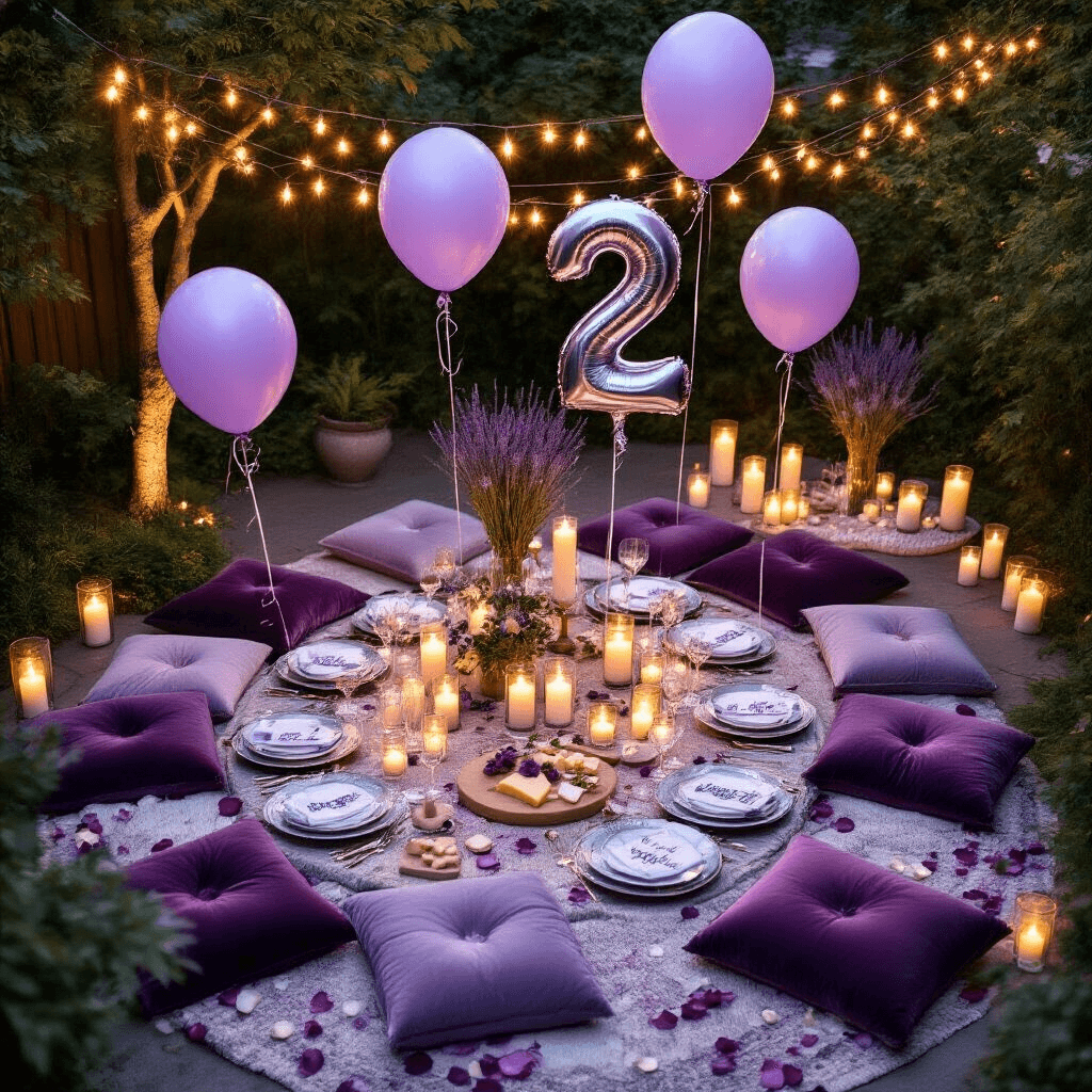 Capturing Moments: The Ultimate Guide to Number Balloon Photoshoots Aerial view of a whimsical backyard anniversary celebration featuring low tables with velvet cushions, fine china, crystal stemware, and fresh lavender. Shimmering number balloons, LED string lights, and pillar candles create a romantic atmosphere, complemented by marble cheese boards, silk napkins, and rose petals. Personalized photo displays and handwritten vows enhance the intimate setting.