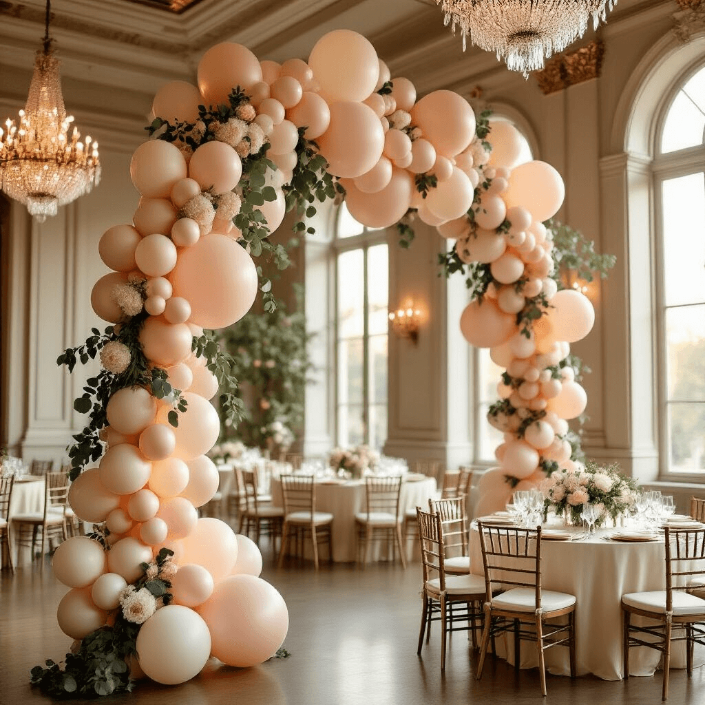 A spacious ballroom during golden hour adorned with a cascading balloon garland in blush pink, cream, and champagne, complemented by eucalyptus and white roses, with elegant tables set beneath crystal chandeliers.