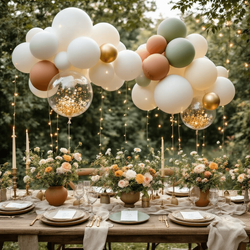 Whimsical garden party setup with balloon cloud installations above rustic wooden tables adorned with earthy linens, wildflower centerpieces, and glowing fairy lights, captured in soft morning light.