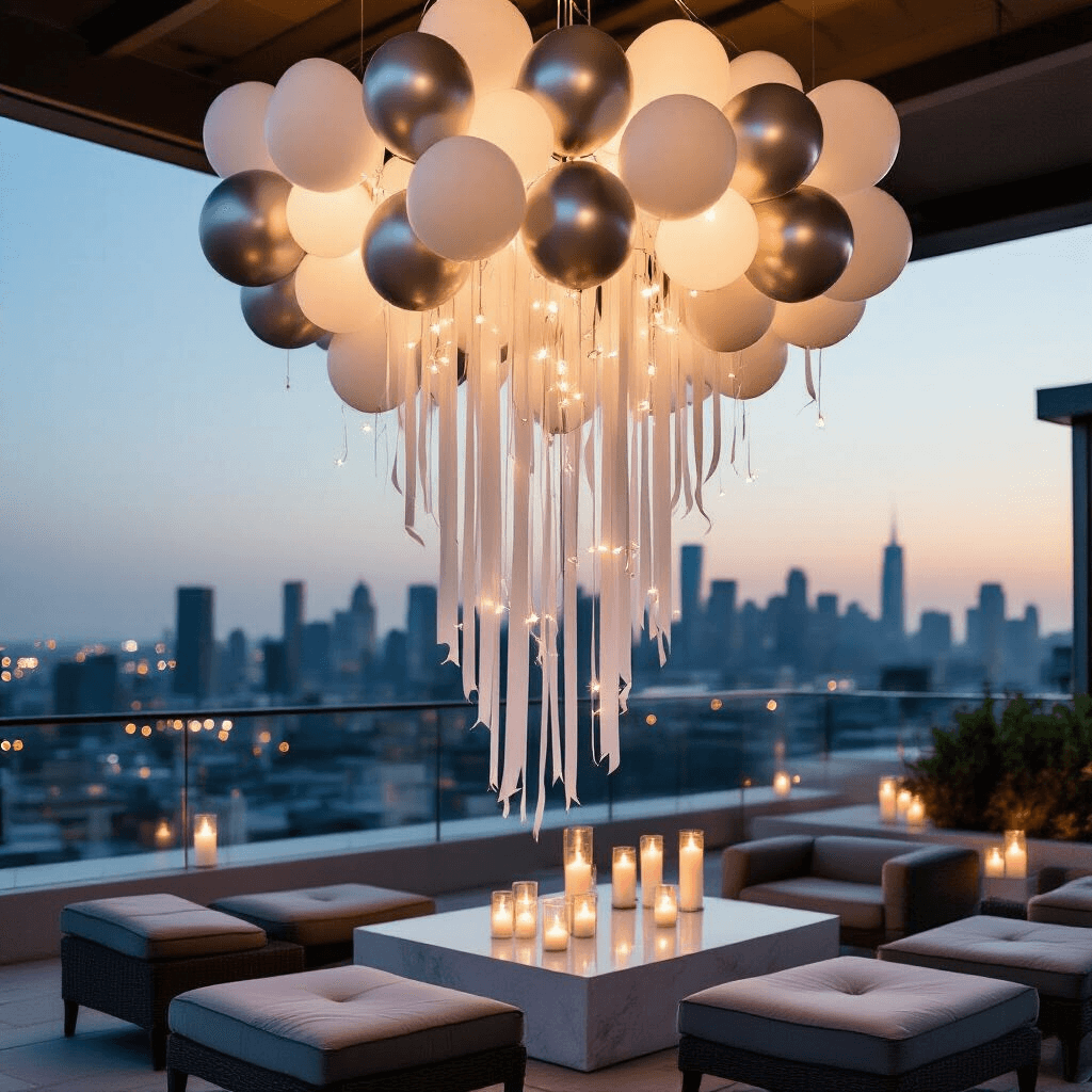 Close-up of a sophisticated balloon chandelier installation featuring white and silver metallic balloons, LED fairy lights, and silk ribbon streamers, set in a modern rooftop terrace with intimate seating areas and a dramatic urban skyline backdrop during a candlelit evening.