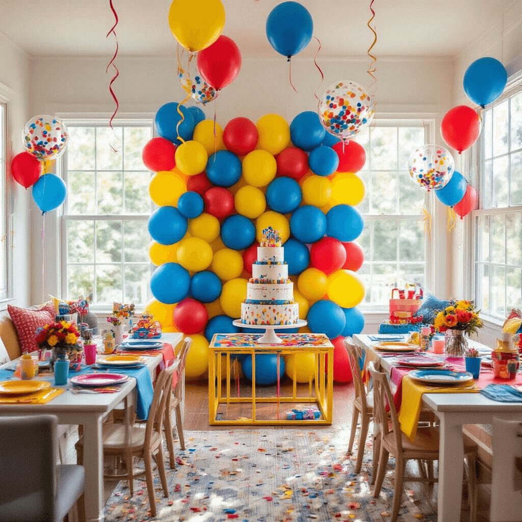 A vibrant children's party setup in a cozy living room, featuring a playful balloon wall backdrop with bold primary colors, low tables with colorful linens, a tiered birthday cake on a balloon-framed stand, and a dedicated photo booth area adorned with personalized party favors. Natural sunlight bathes the scene, enhancing the joyful atmosphere.