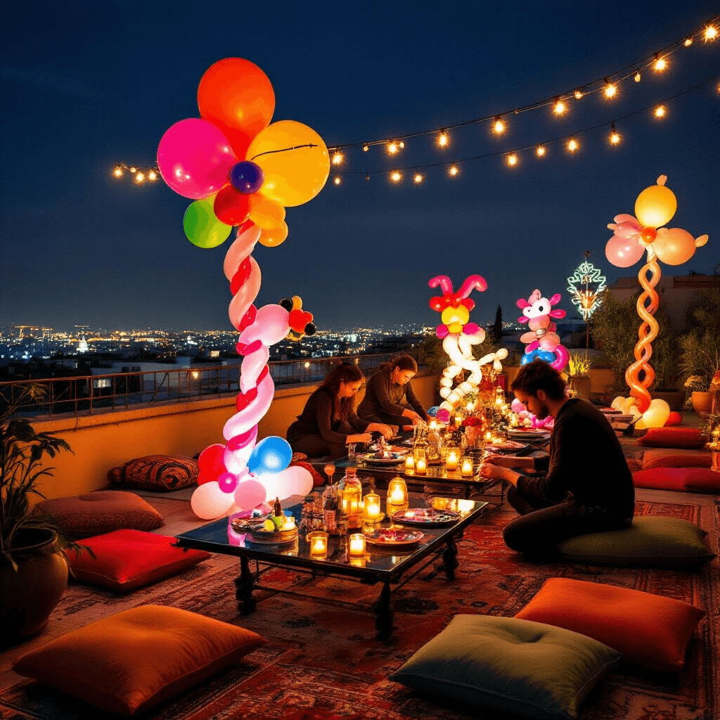 A beautifully decorated rooftop terrace at night, featuring intricate balloon sculptures created by professional artists. Close-up of balloon twisting techniques, with low tables surrounded by terracotta and sage floor cushions. Electric inflators and twisting kits on glass platters, alongside custom balloon installations and playful neon signage, complemented by intimate candle lighting.