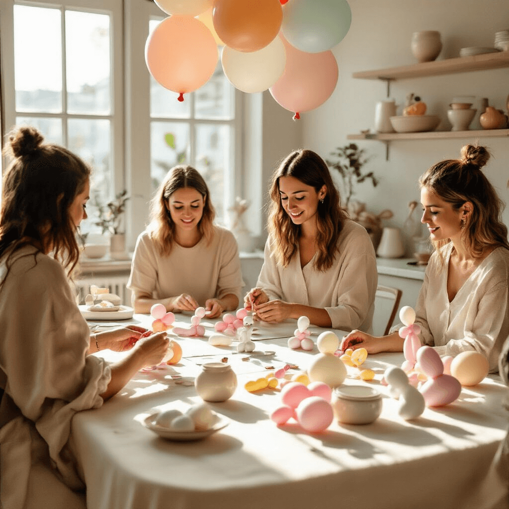Participants engaged in a DIY balloon twisting workshop in a stylish apartment, surrounded by elegant decor and organized balloon supplies, all illuminated by natural sunlight.
