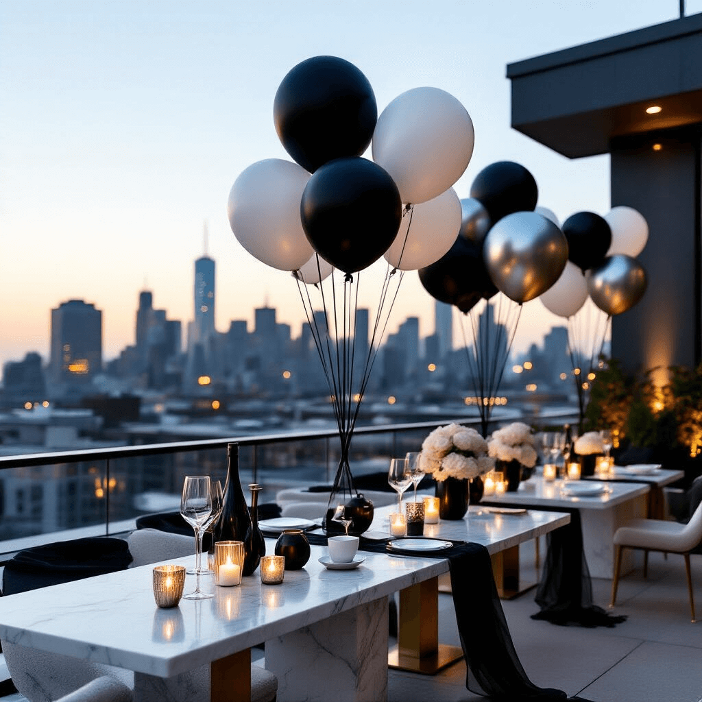 Close-up of a modern rooftop terrace adorned with a sophisticated monochrome balloon installation in matte black, silver, and white. Marble cocktail tables with geometric brass legs display tiered balloon arrangements, while string lights provide warm lighting against the city skyline. The scene includes stylish glassware and ceramic serving pieces, illuminated tea light candles, dramatic chiffon table runners, and LED uplighting highlighting balloon clusters.