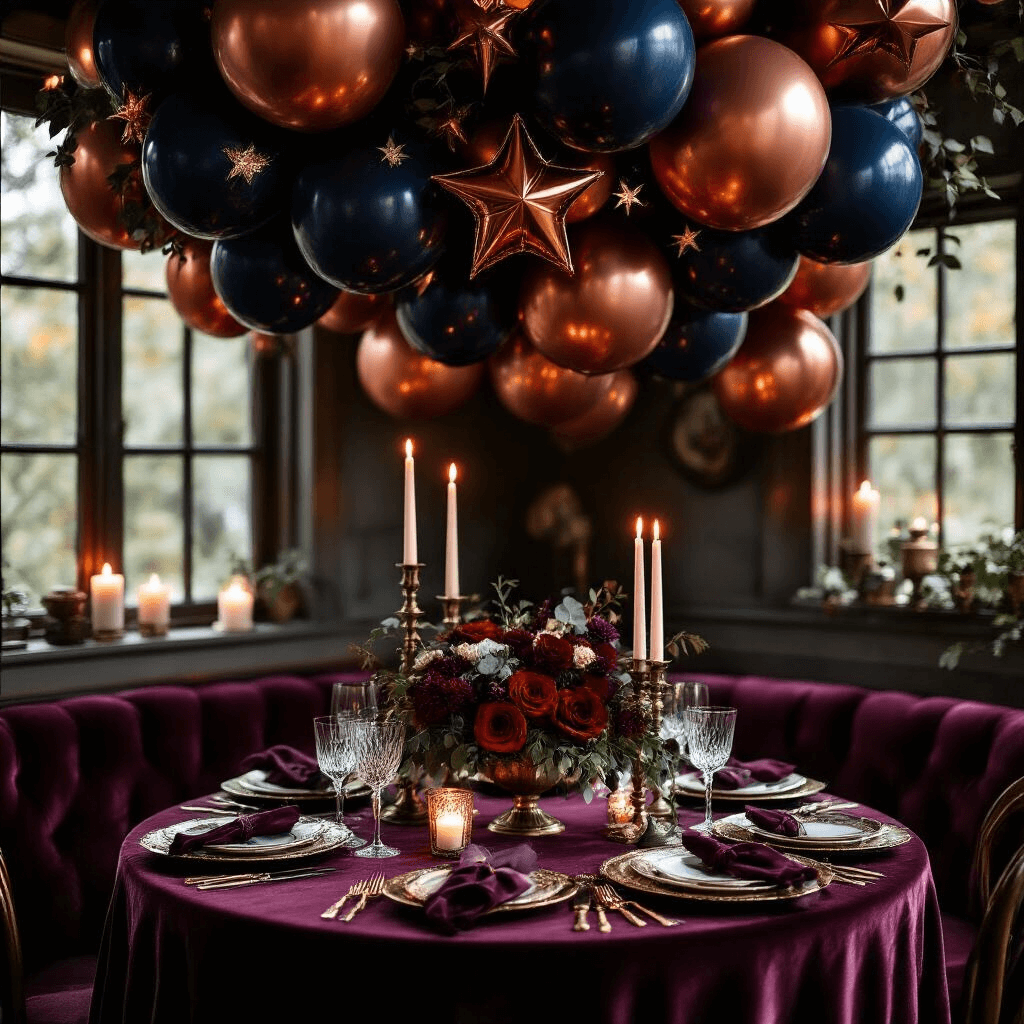 A moody candlelit dining nook with a romantic celestial theme, featuring burgundy, navy blue, and copper star balloons overhead, a small round table with velvet linens, vintage brass charger plates, crystal stemware, ornate candelabras, lush dark floral centerpieces, and varied-height pillar candles, all creating an enchanting, luxurious atmosphere.