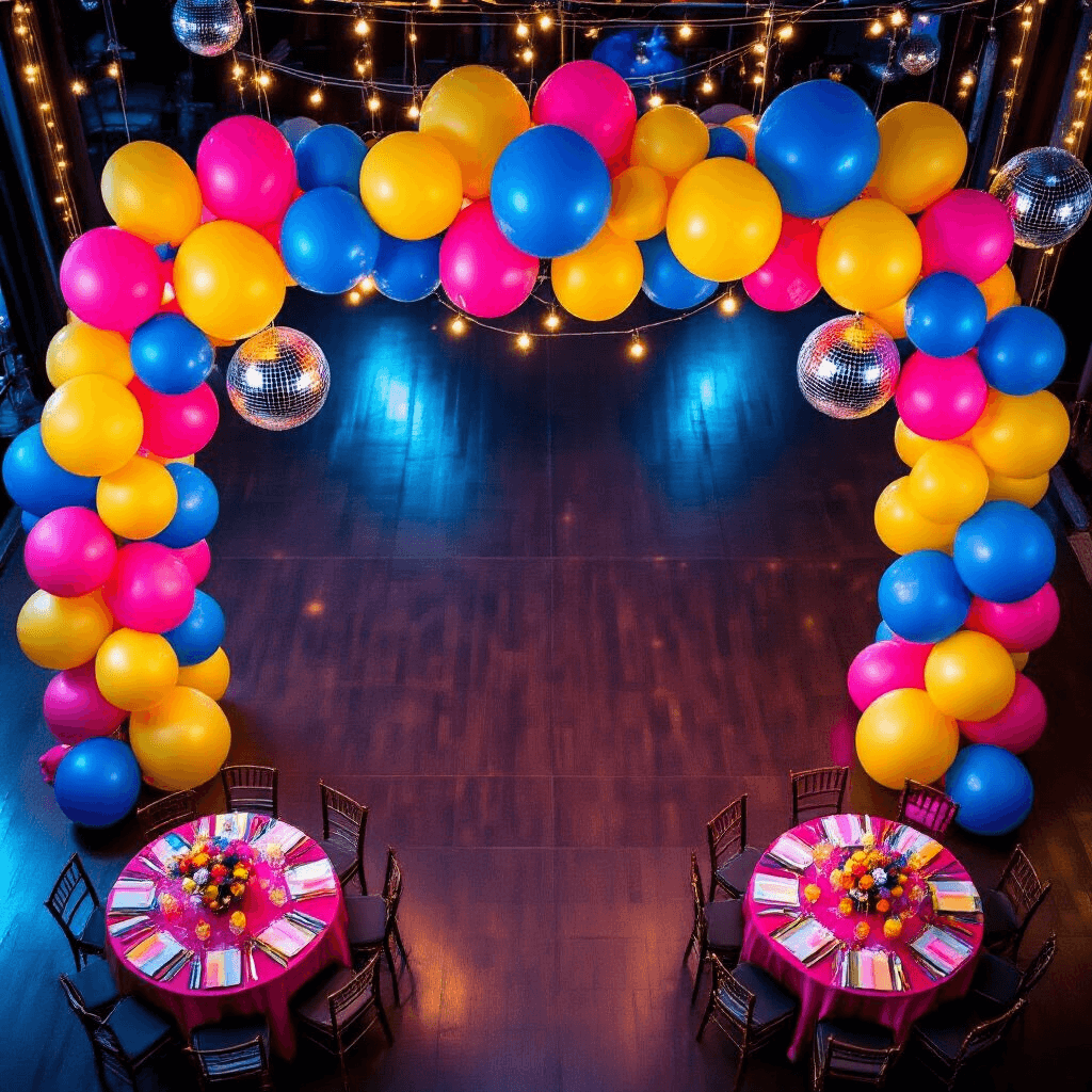 Overhead shot of a vibrant dance floor with bold primary color balloon clusters, LED lights creating an ambient glow on a dark wooden floor, asymmetrically mixed metallic and latex balloons, sheer fabric draping, disco ball reflections, and round tables with colorful linens and balloon weight centerpieces.
