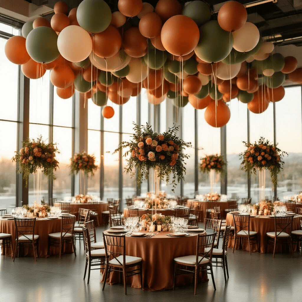 A modern ballroom filled with dramatic terracotta and sage green balloon installations, illuminated by golden hour light from floor-to-ceiling windows. Elegant round tables dressed in silk linens and adorned with balloon centerpieces and fresh eucalyptus garlands create a warm and romantic atmosphere, complemented by ambient candlelight.