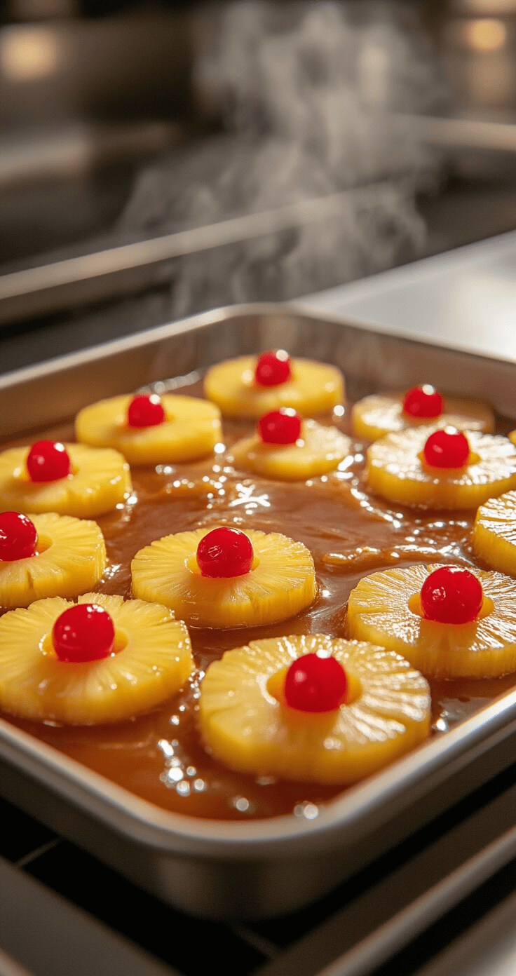 Close-up shot of golden butter and brown sugar caramelizing in a cake pan, adorned with arranged pineapple rings and red maraschino cherries, with warm lighting and steam in a professional kitchen.