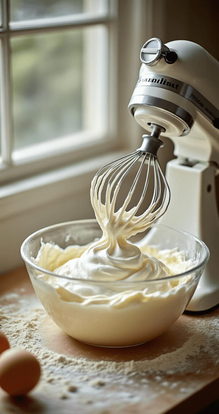 Close-up of glossy meringue being folded into pale yellow cake batter with a stainless steel spatula, highlighted by soft natural light from a kitchen window, featuring a professional stand mixer nearby.