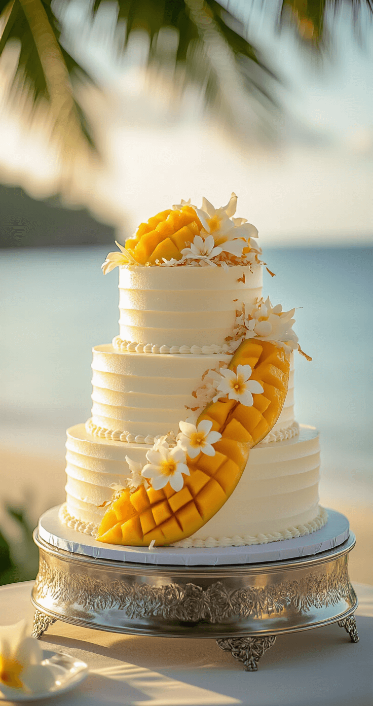 Stunning three-tiered wedding cake with coconut cream frosting, fresh mango slices, and toasted coconut flakes, displayed on a silver stand against a soft-focus tropical beach, featuring golden hour lighting and delicate sugar flowers.