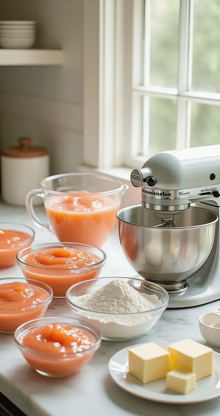 A sunlit professional kitchen with a marble countertop displaying ingredients for a guava wedding cake, including vibrant pink guava puree, sifted flour, pristine egg whites, soft butter, and cream cheese, alongside a stand mixer.