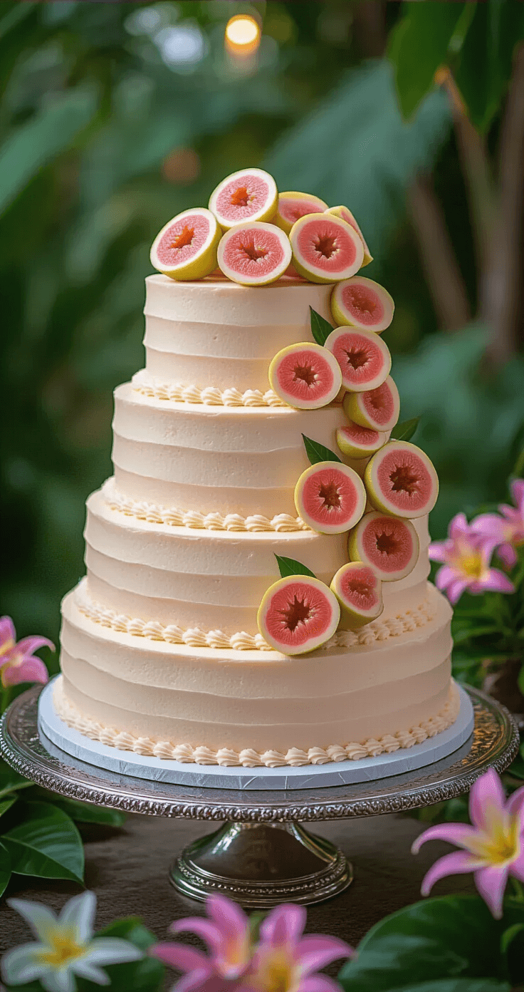 Elegant three-tiered wedding cake on a silver platter, featuring pale pink layers, cream cheese frosting, and fresh guava slices, set against a soft-focus tropical garden with evening lighting.