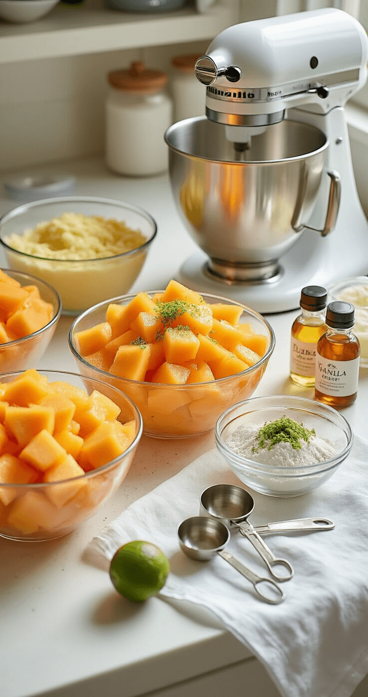 A bright kitchen countertop featuring glass bowls of orange papaya chunks, lime zest, and vanilla extract, with a stand mixer and measuring spoons on white linen, all illuminated by natural light.