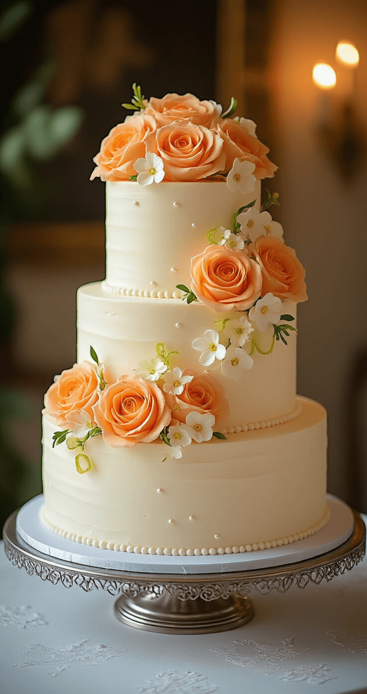 An elegant three-tiered wedding cake on a silver stand, adorned with cream-colored buttercream frosting, fresh papaya rosettes, lime zest curls, and delicate coral and ivory edible flowers, illuminated by warm ambient lighting.