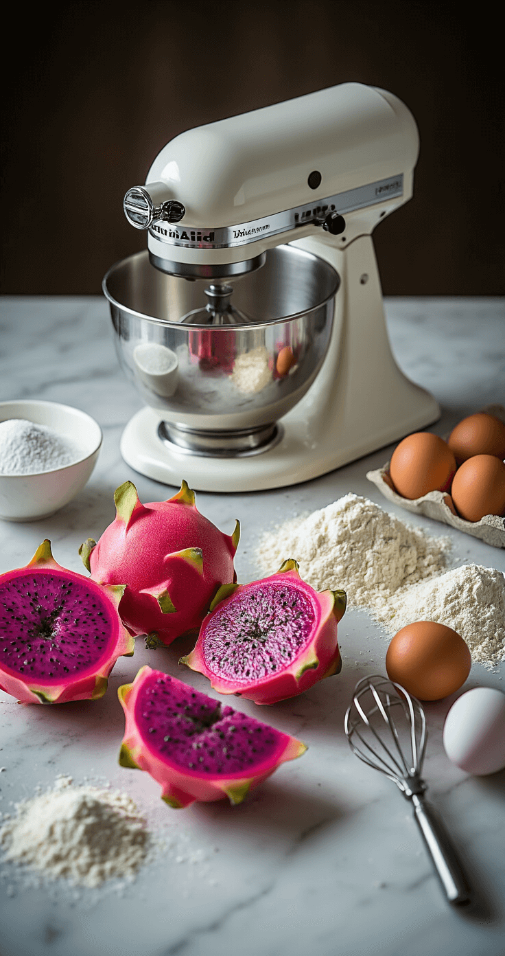 Close-up of a marble countertop with neatly arranged ingredients for wedding cake preparation, including vibrant pink dragonfruit halves, crystalline sugar, flour dust, and a pearl white KitchenAid stand mixer, with eggs at room temperature in a well-composed studio shot.