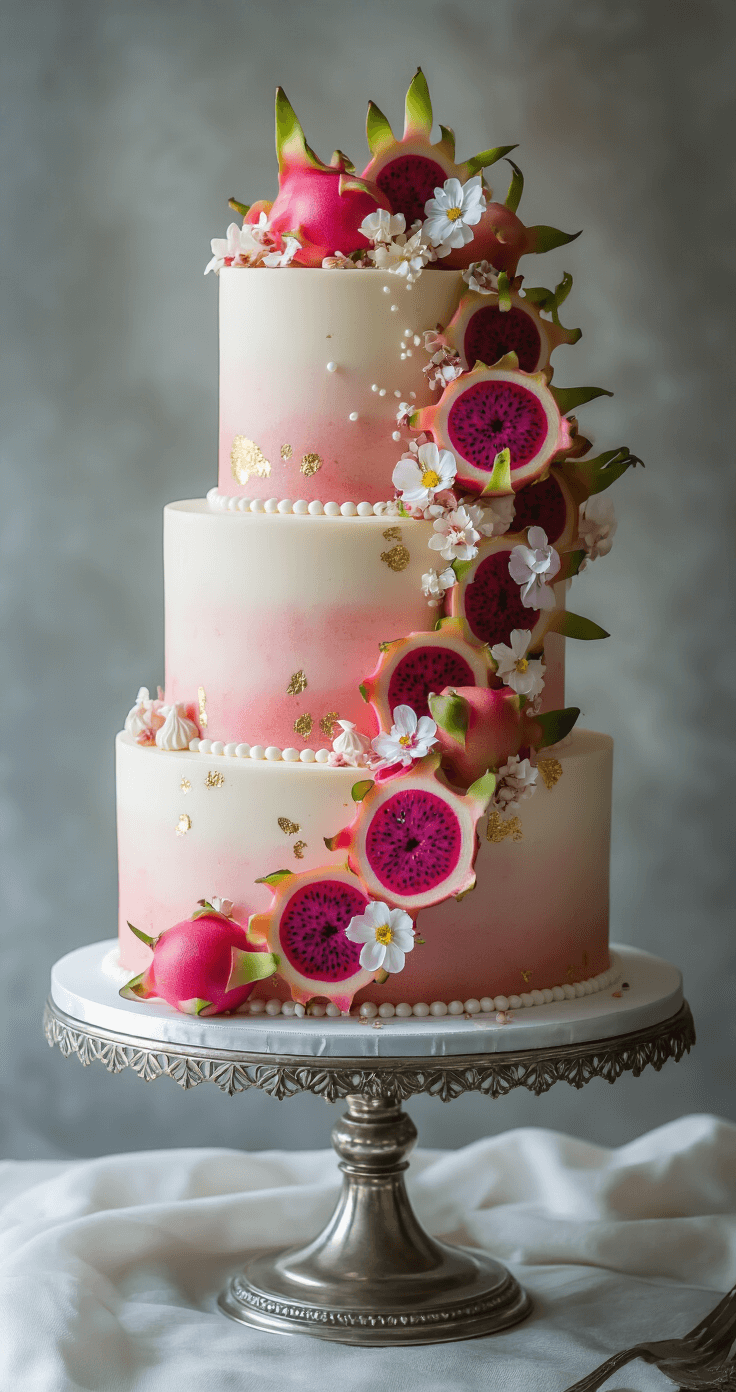 Elegant three-tier wedding cake with blush-toned ombré dragonfruit design, adorned with fresh dragonfruit slices, edible flowers, gold leaf, pearl dragées, and meringue kisses, displayed on an antique silver stand in soft lighting with a misty background.