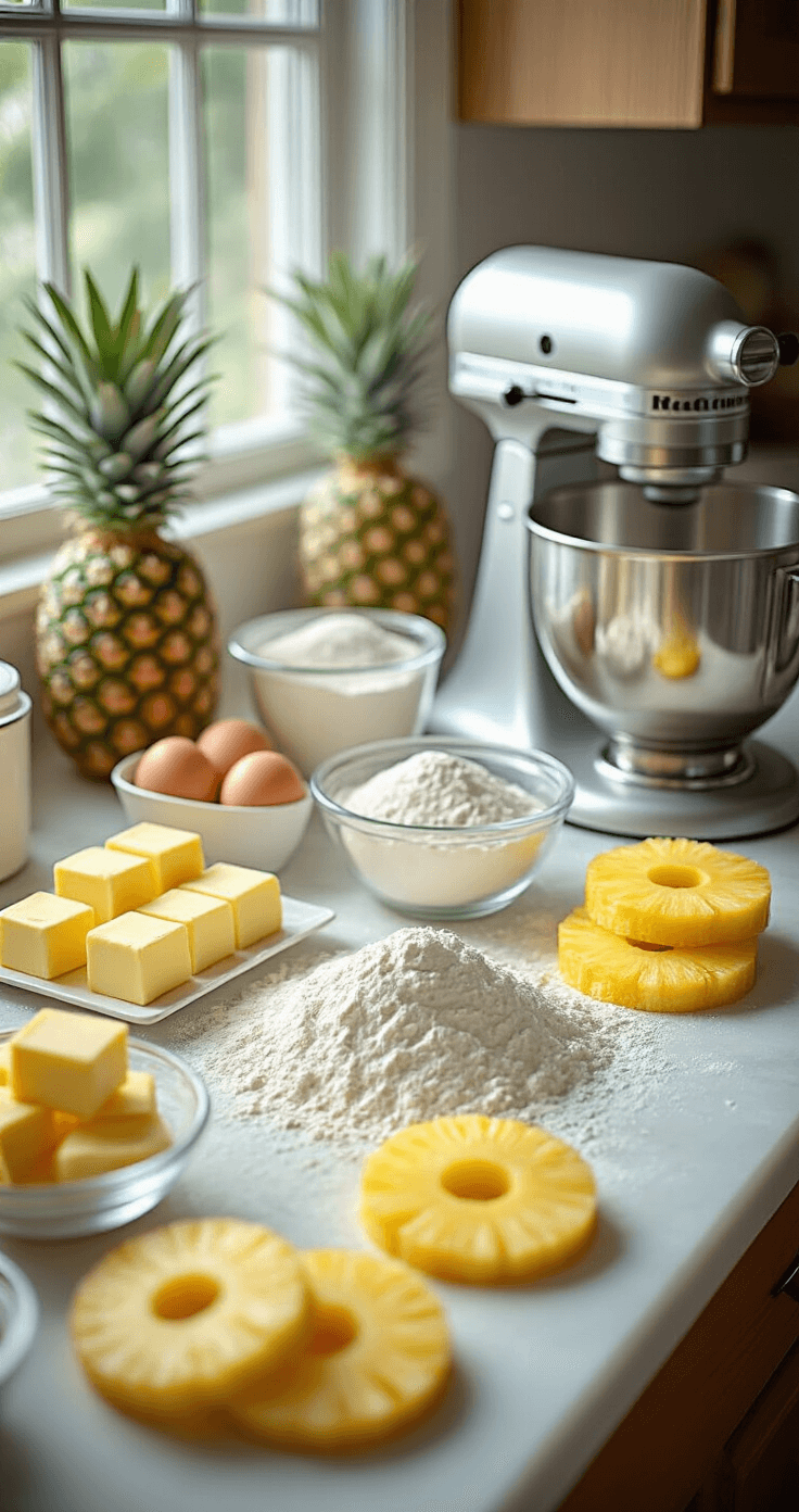 Pineapple Rum Wedding Cake: A Tropical Celebration Dessert Close-up of a pristine kitchen counter with baking ingredients for a tropical wedding cake, featuring golden butter cubes, farm-fresh eggs, sifted flour, and vibrant pineapple rings, illuminated by soft natural light.