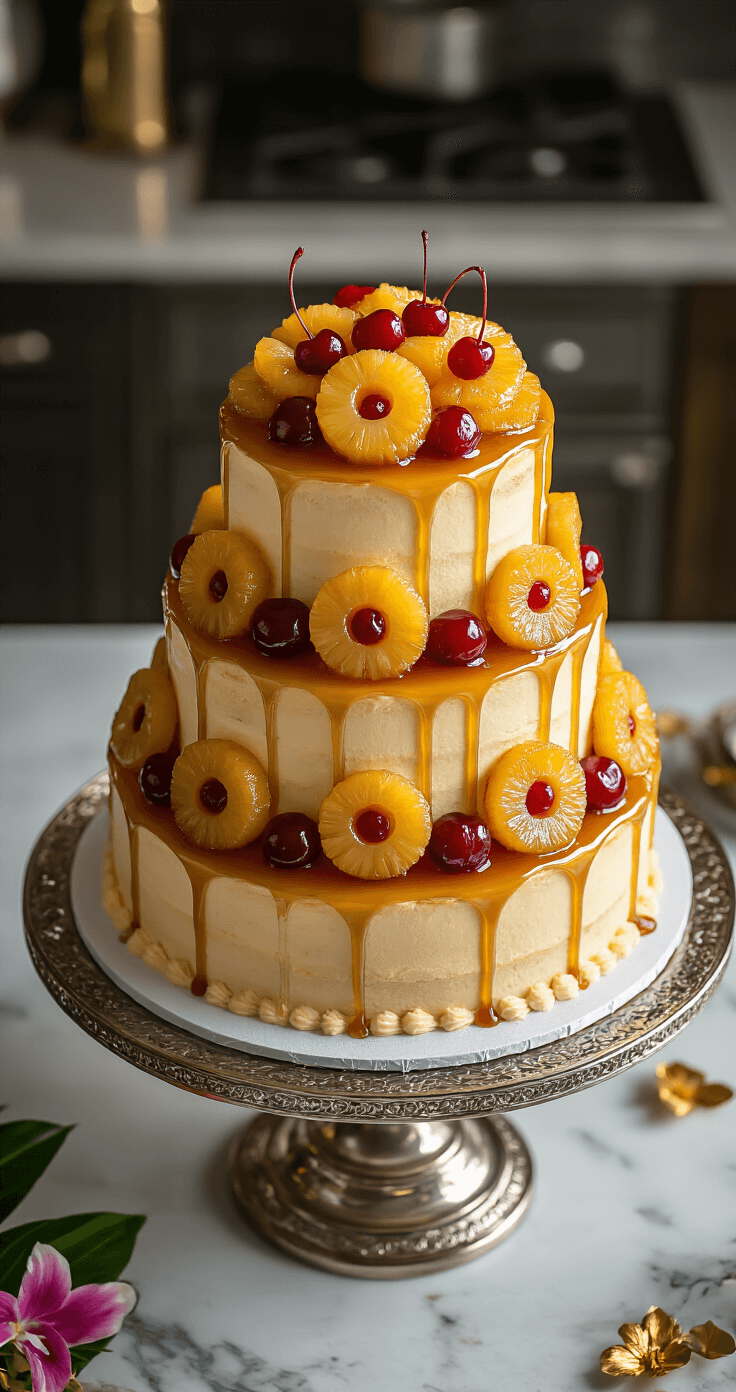 Pineapple Rum Wedding Cake: A Tropical Celebration Dessert A three-tier wedding cake on a silver stand, glazed with rum syrup and topped with caramelized pineapple rings and maraschino cherries, surrounded by tropical flowers and gold leaf, in a soft-focus professional kitchen setting.