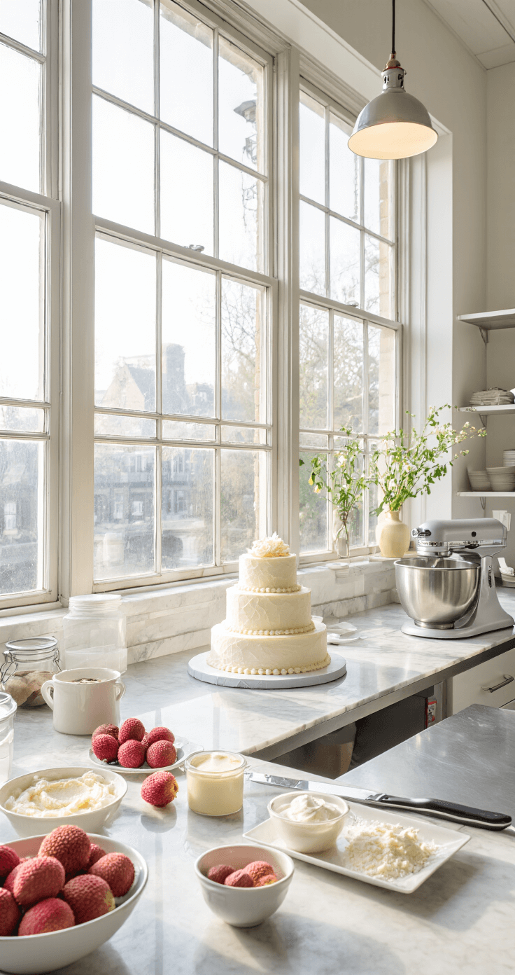 Professional baking studio filled with natural light, showcasing a stainless steel workstation with fresh lychees, coconut cream, and premium cake ingredients, alongside a stand mixer on marble countertops.