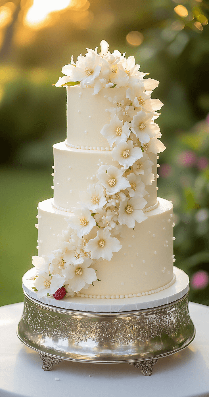 Elegant three-tiered white coconut-lychee wedding cake on a silver stand, adorned with sugar flowers and fresh lychees, set against a soft-focus garden backdrop.
