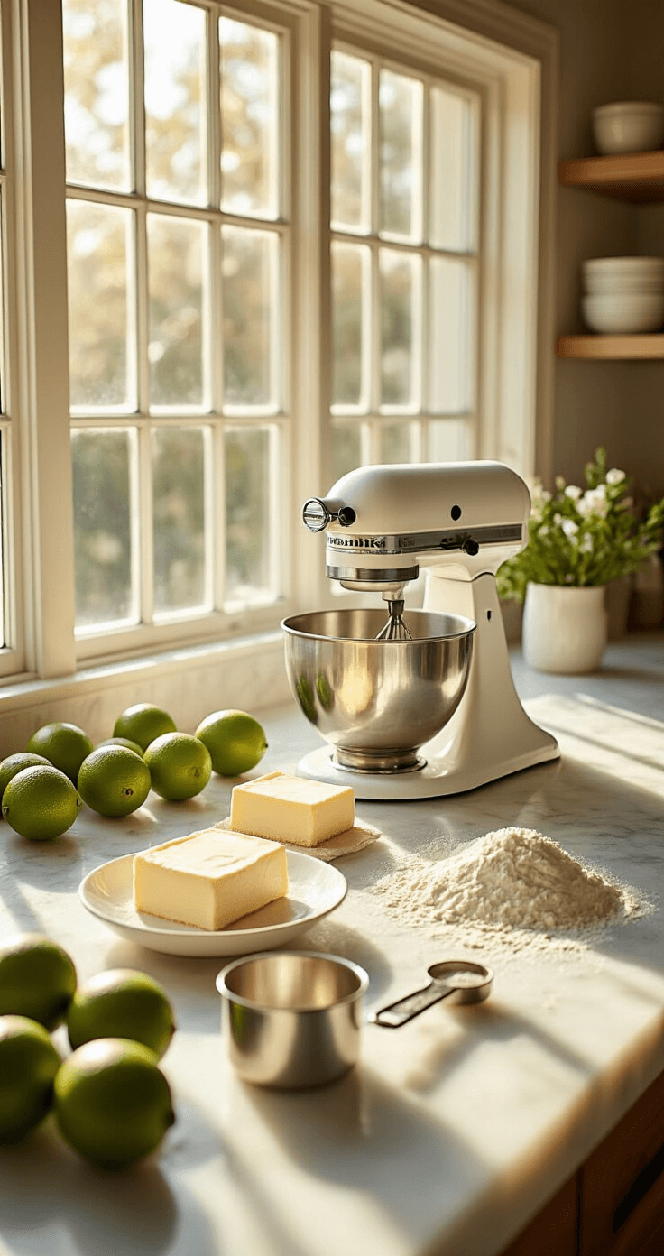A sunlit professional kitchen with a marble countertop displaying ingredients for a key lime wedding cake, including fresh key limes, cream cheese, and measuring cups, with a stand mixer in the background.