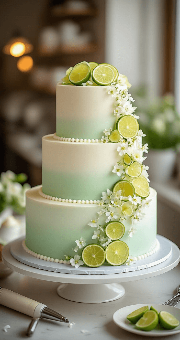A three-tiered wedding cake with mint-green to white ombré frosting, decorated with lime slices and edible flowers, on a rotating stand in a bakery, with warm lighting and piping tools nearby.