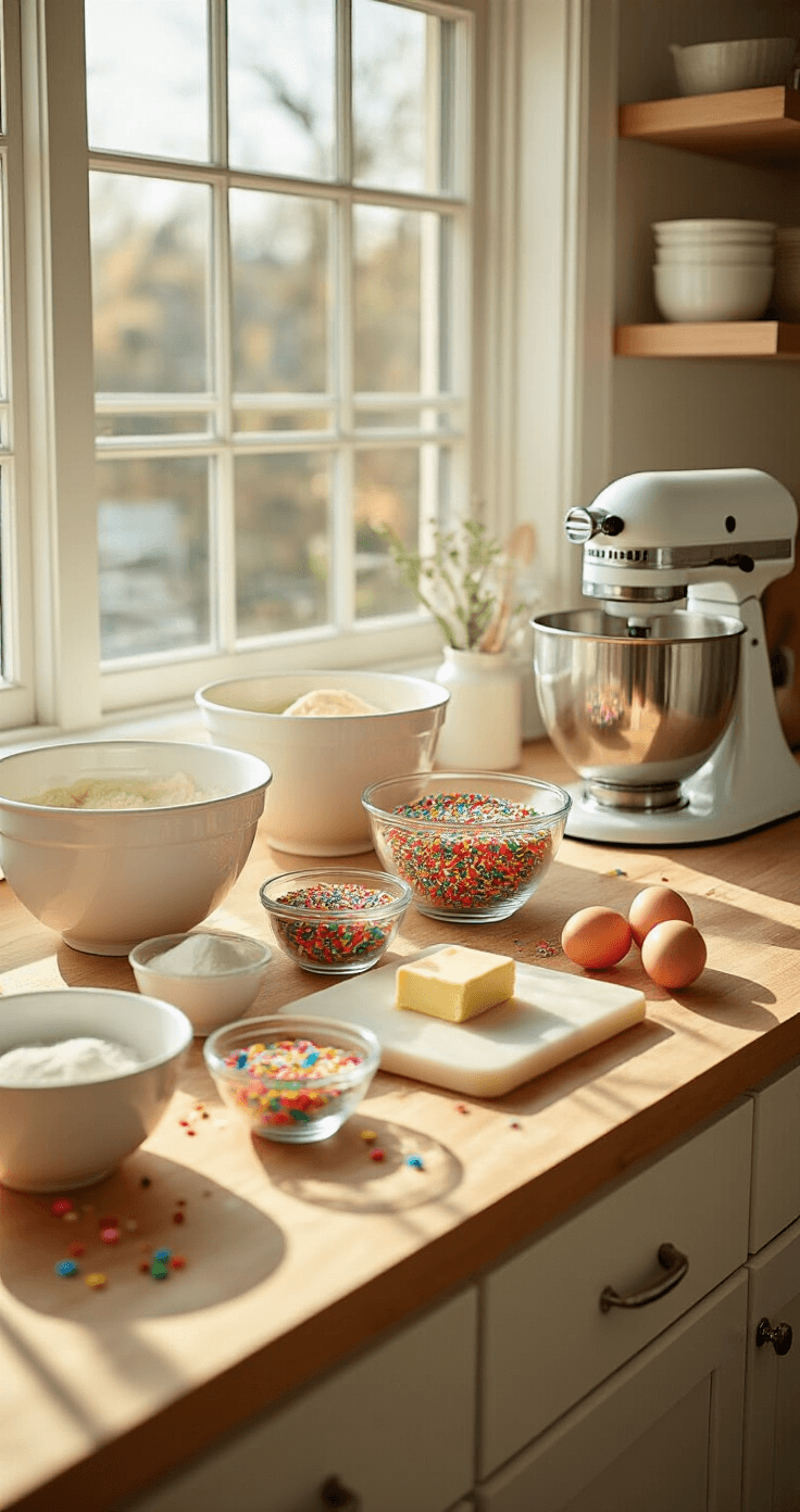 A sunlit kitchen counter set up for baking with white mixing bowls, measured ingredients in glass containers, colorful sprinkles in a crystal bowl, room-temperature butter and eggs, and a prominent stand mixer, all illuminated by natural light for a warm atmosphere.