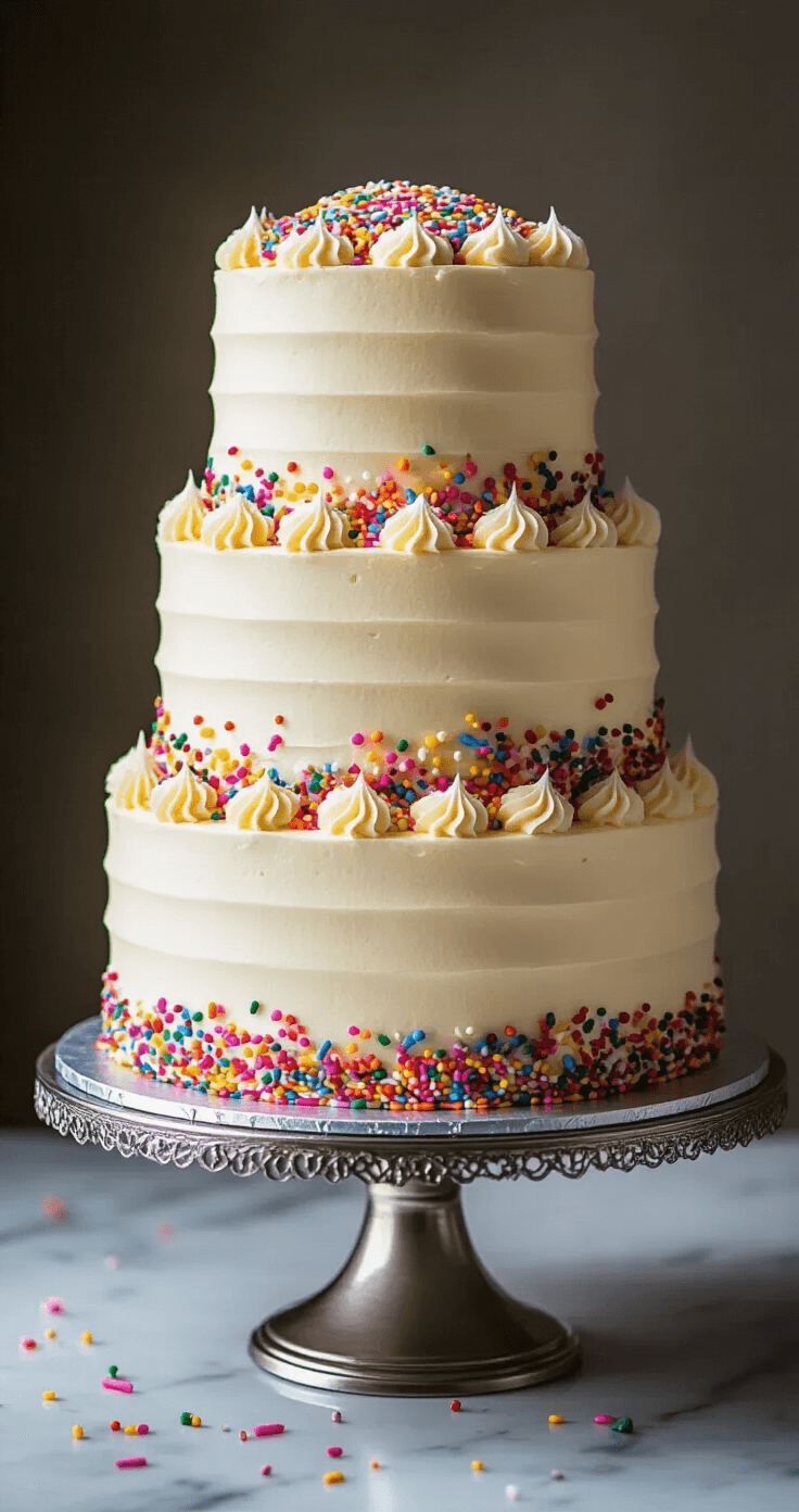 A three-layer funfetti cake on a silver cake stand, featuring a smooth vanilla buttercream finish and adorned with rainbow sprinkles, photographed at a 45-degree angle on a marble surface with soft, diffused lighting.