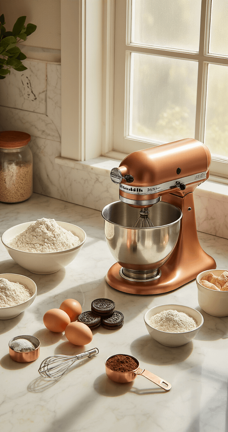 Overhead shot of a pristine kitchen counter with neatly organized baking ingredients including flour, cocoa powder, Oreos, eggs, and measuring tools, bathed in natural light with soft shadows on the marble countertop; a warm copper KitchenAid mixer is at the ready.