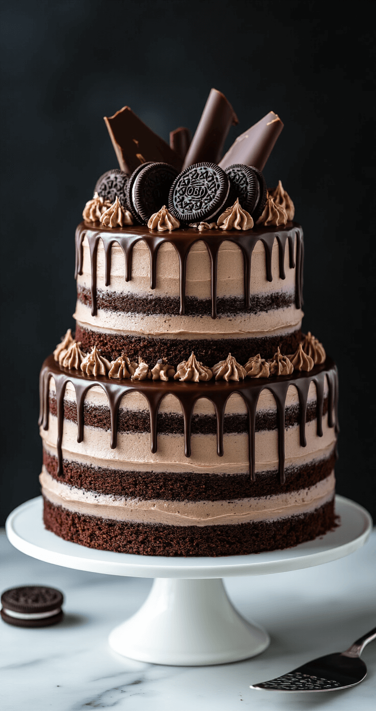 A stunning three-layer chocolate cake with Oreo buttercream frosting on a white cake stand, featuring cascading chocolate ganache drips and topped with halved Oreos and chocolate curls, set against a marble surface with a silver cake server nearby.