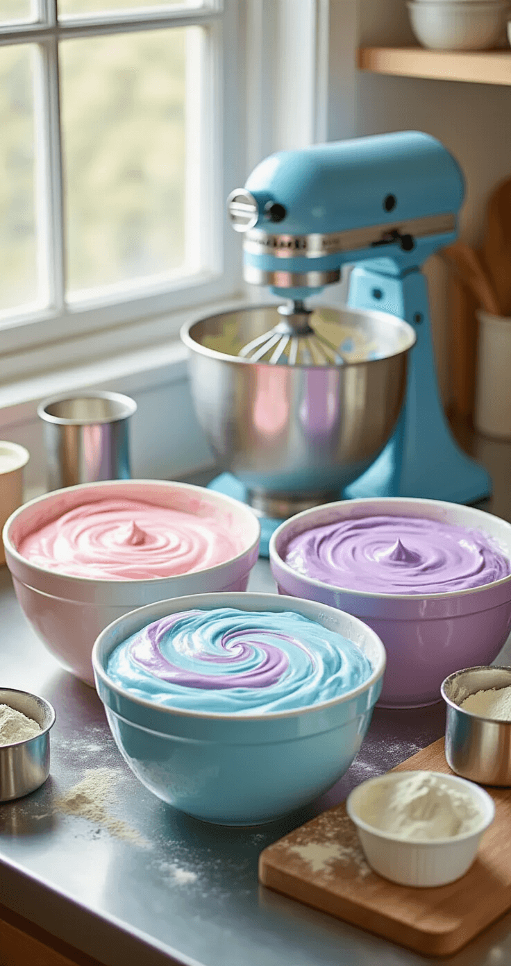 A professional kitchen featuring three bowls of vibrant marbled cake batters in pastel pink, blue, and violet, illuminated by natural light, with a stand mixer and flour-dusted measuring cups in the background.
