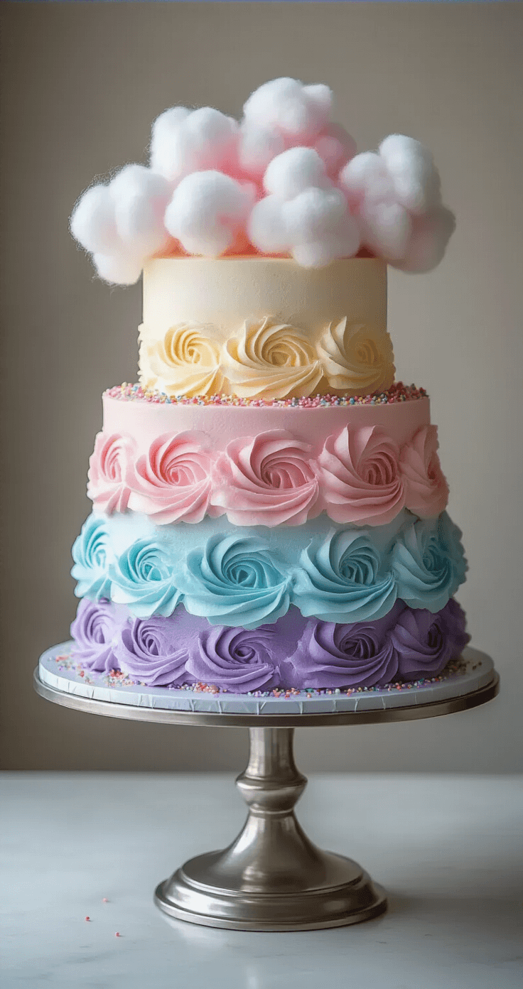 A multi-layered cotton candy cake with ombré pastel buttercream swirls on a silver cake stand, adorned with fresh cotton candy and decorative sprinkles, illuminated by soft studio lighting.
