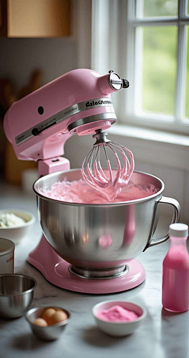 Close-up of pink cake batter in a stainless steel mixer bowl, showcasing its creamy texture with bubblegum extract, illuminated by soft natural light; nearby, measuring tools and bottles of extracts and pink gel food coloring are neatly arranged on a marble countertop.