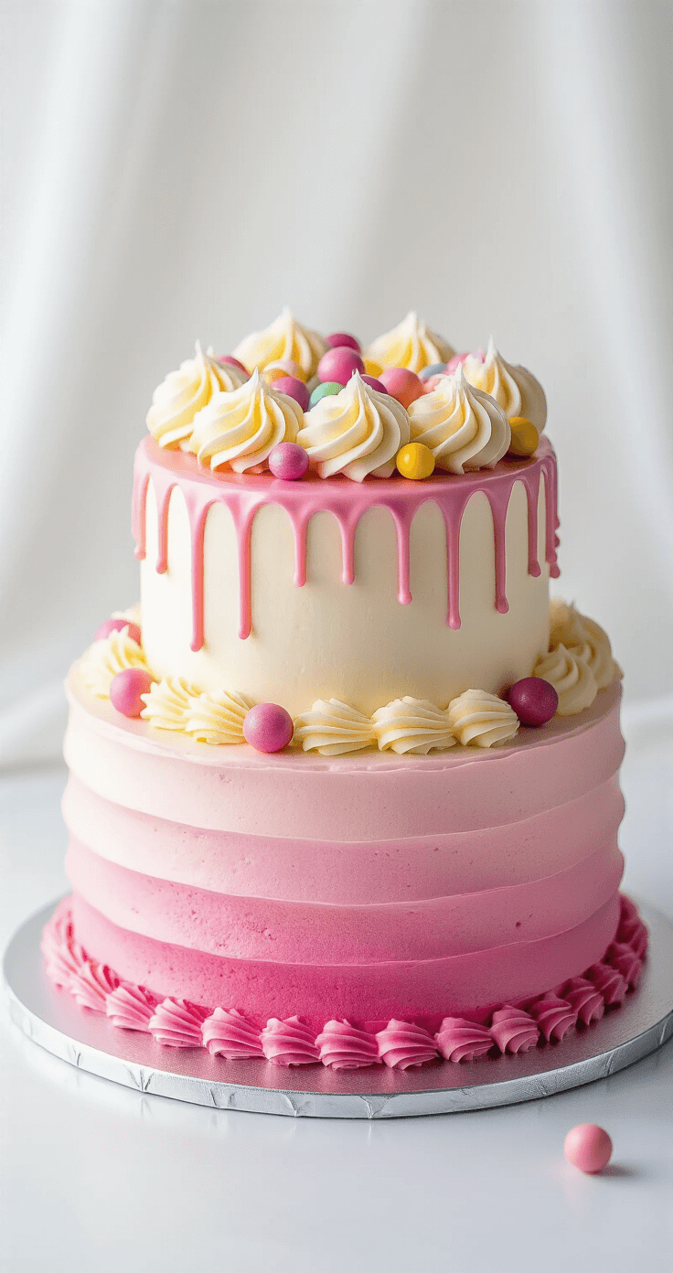 Professional overhead shot of a four-layer ombre pink cake on a silver stand, featuring smooth buttercream frosting, piped swirls, pink ganache drip, and colorful bubblegum balls, against a clean white backdrop.