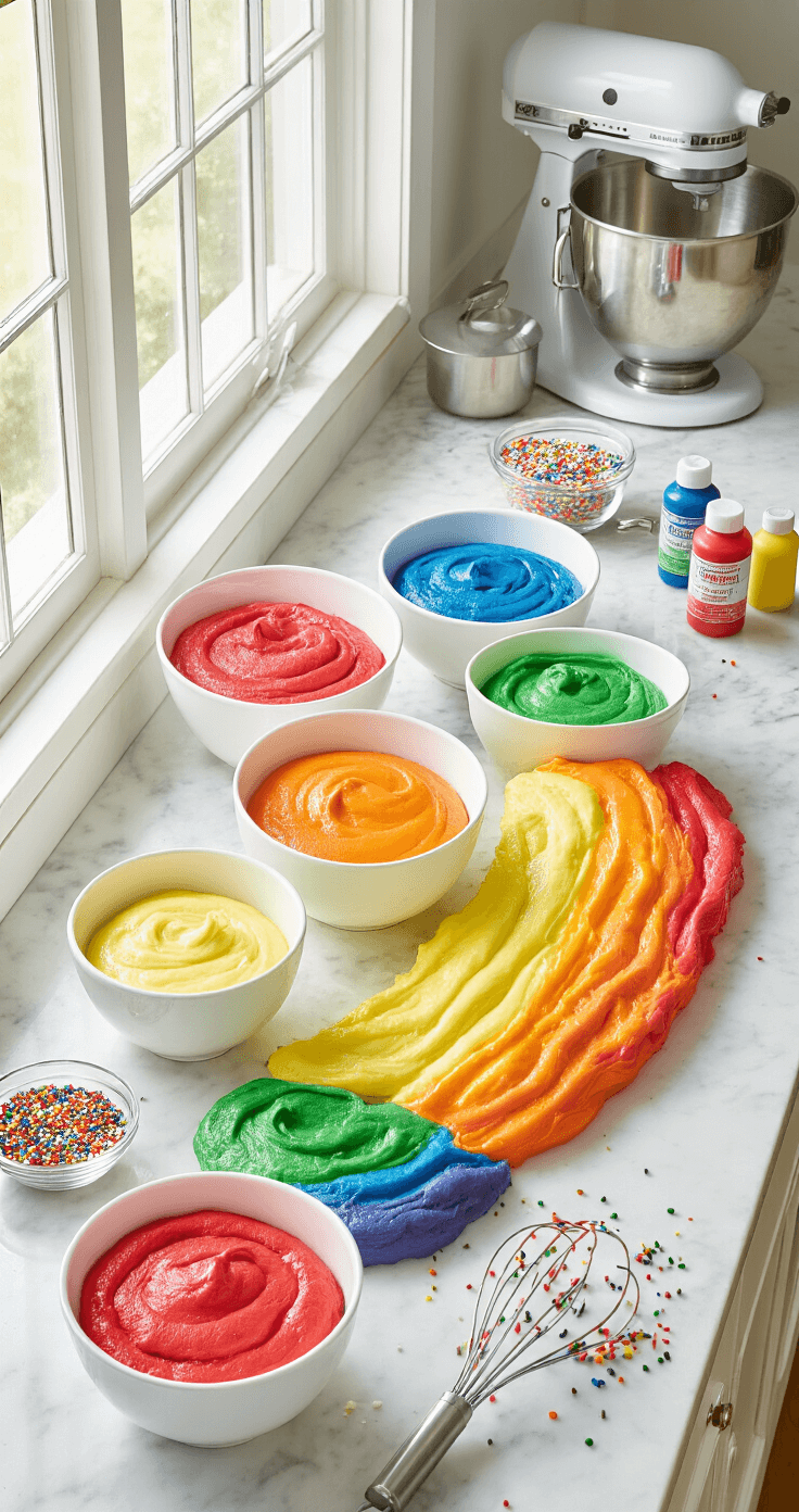 A professional kitchen featuring six white mixing bowls arranged in a rainbow formation, each filled with colorful cake batter. Natural light enhances the scene, illuminating stainless steel equipment and scattered sprinkles on a marble countertop.