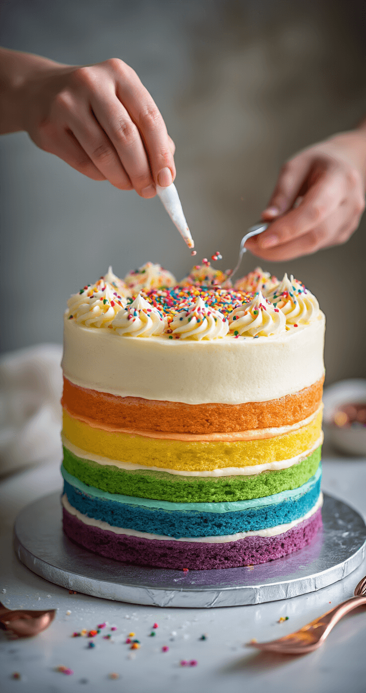 Close-up of a six-layer rainbow cake on a metallic turntable, showcasing smooth white buttercream and rainbow sprinkles being applied, with colorful layers visible and luxurious rose gold utensils in the scene.