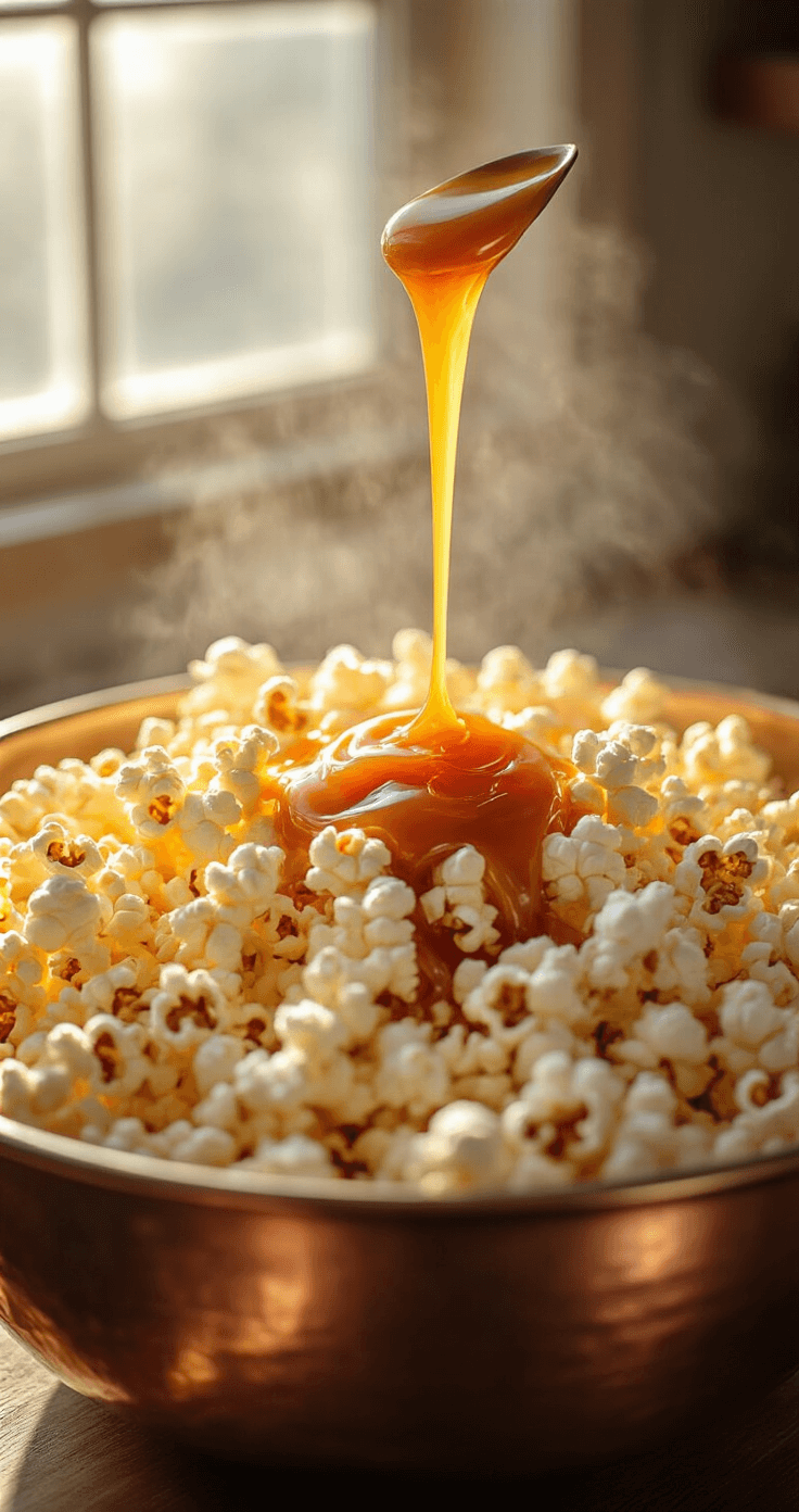 Cinematic close-up of amber caramel being poured over fresh popcorn in a copper bowl, illuminated by golden afternoon light, with steam rising and salt crystals sparkling on the popcorn.