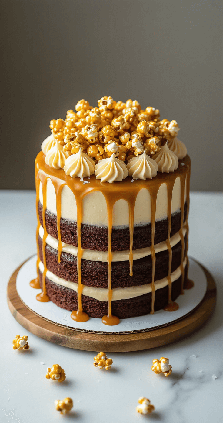 Overhead view of a three-layer chocolate cake with caramel drips and buttercream frosting, topped with caramel-coated popcorn and sea salt flakes, on a marble countertop.