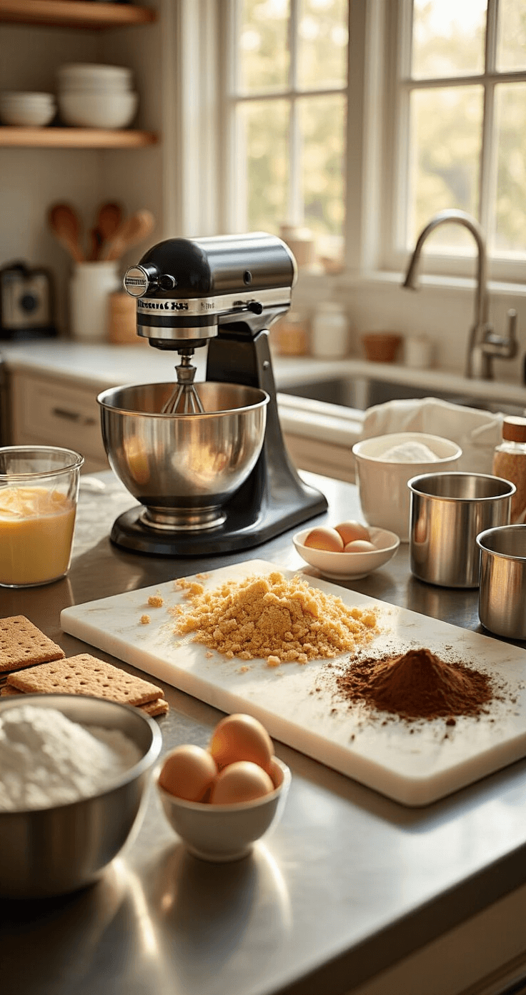 A bright professional kitchen with stainless steel countertops, featuring crushed graham crackers mixed with melted butter, and a marble pastry board displaying measured ingredients like cocoa powder and eggs, alongside organized baking tools.
