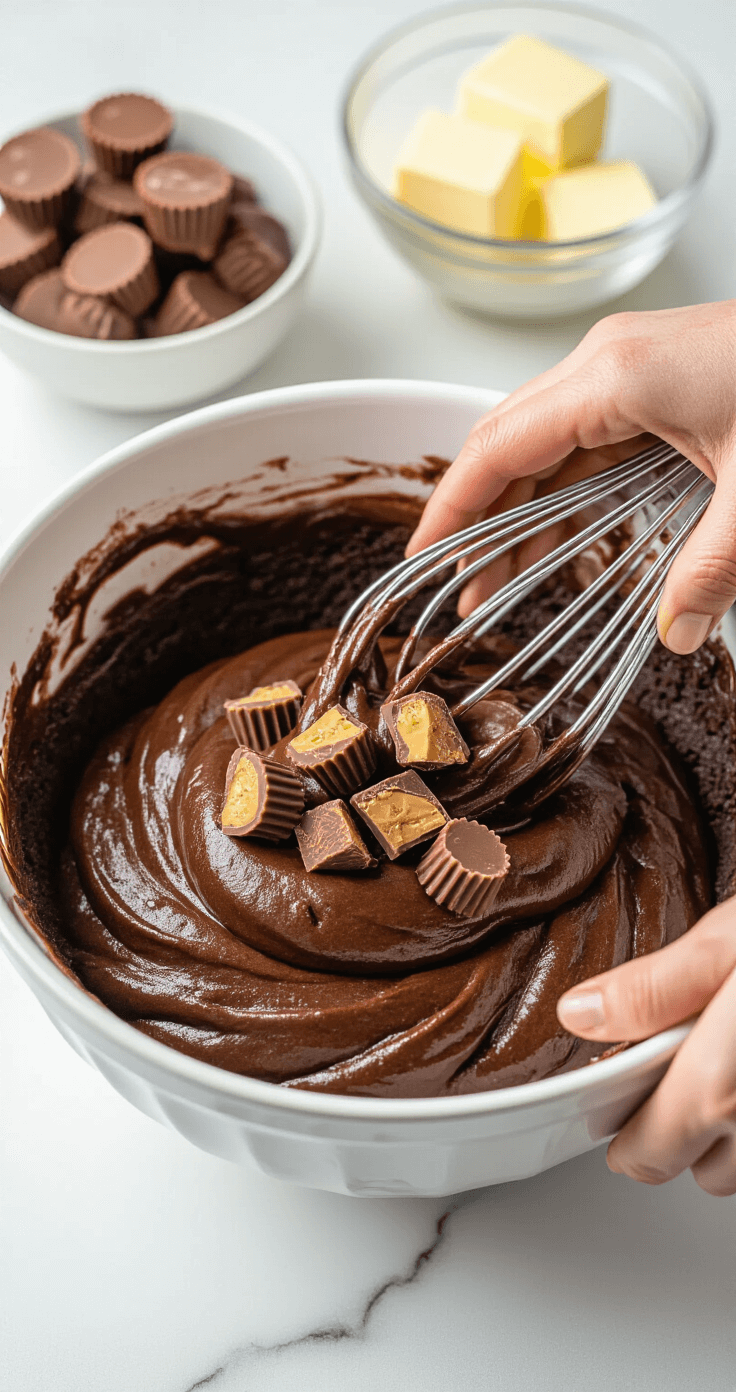 Close-up of hands mixing chocolate cake batter with chunks of Reese's Peanut Butter Cups in a glossy white bowl, surrounded by ingredients on a marble countertop.