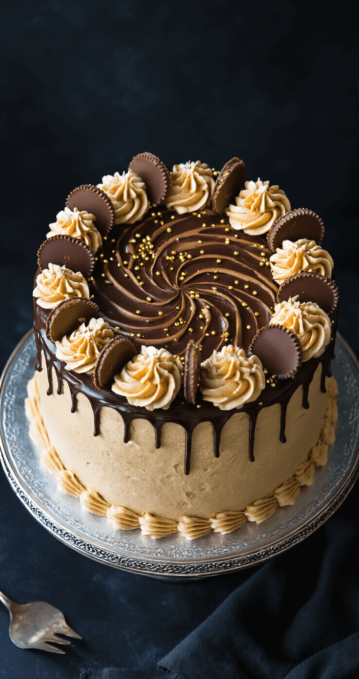 Overhead view of a decadent chocolate layer cake on a silver stand, topped with creamy peanut butter frosting, halved Reese's Cups, chocolate syrup drizzle, and gold sprinkles against a dark background, illuminated by dramatic side lighting.