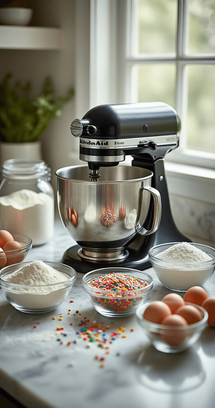 Close-up of a marbled kitchen counter featuring a KitchenAid stand mixer surrounded by neatly arranged glass bowls of flour, sugar, eggs, and colorful rainbow sprinkles, illuminated by soft natural light.