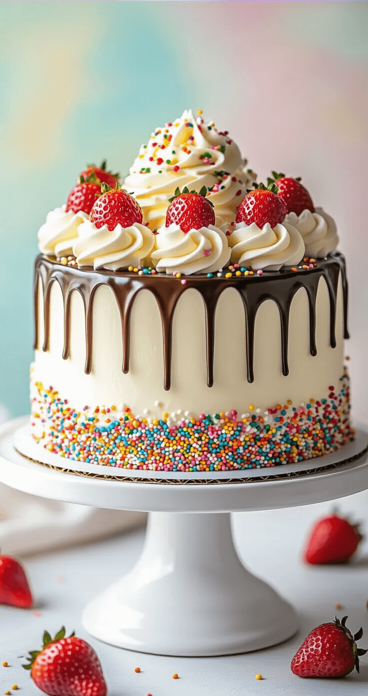 Two-layer decorated milkshake cake on a white ceramic stand, featuring smooth white frosting, rainbow sprinkles, piped whipped cream, chocolate syrup drizzle, and fresh strawberries, set against a soft-focus pastel background in golden afternoon light.