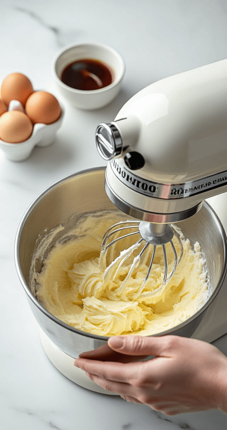 Close-up of hands creaming butter and sugar in a stainless steel stand mixer bowl, surrounded by fresh ingredients like eggs and flour on a marble countertop, with soft natural lighting creating a warm kitchen atmosphere.