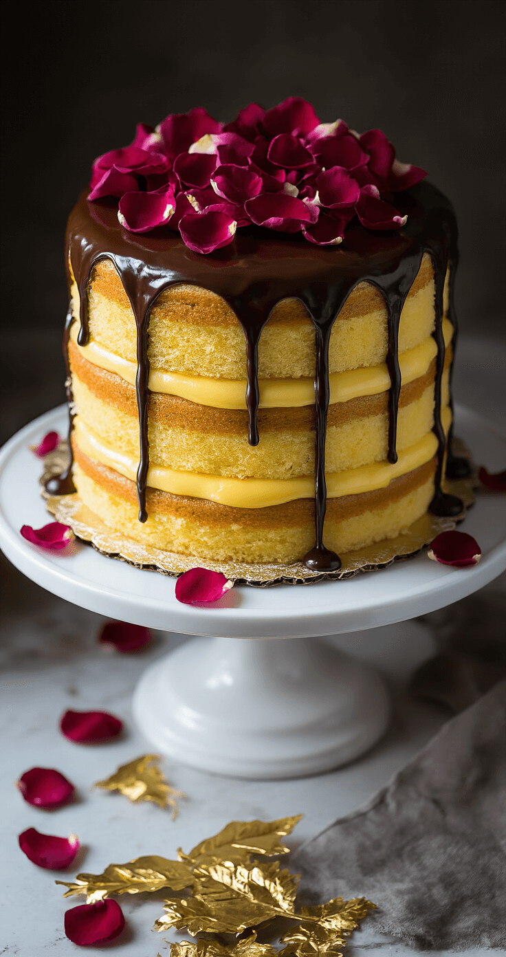 Dramatic overhead shot of a Boston cream cake on a vintage white cake stand, featuring chocolate ganache drizzling down layers, golden custard visible, and decorated with rose petals and gold leaf accents, enhanced by moody lighting.