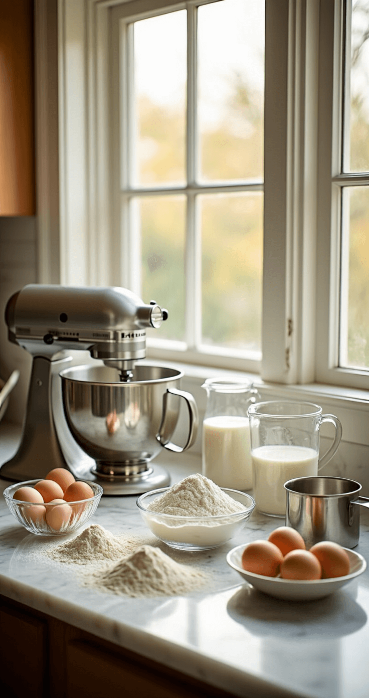 A well-organized kitchen countertop features separated egg whites in crystal bowls, sifted flour, and vintage measuring cups filled with milk, all softly illuminated by natural light from a window, with a professional stand mixer nearby.