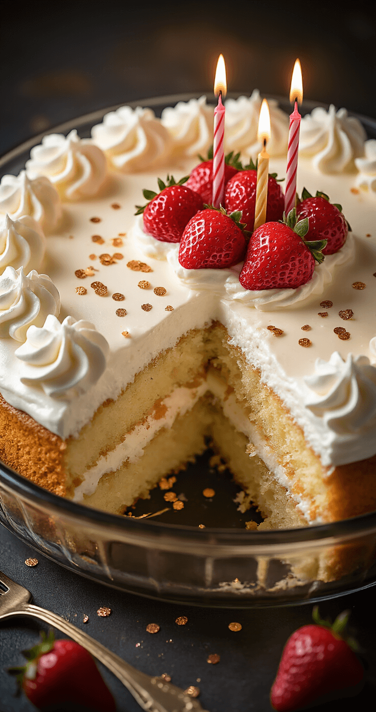 Close-up of a finished tres leches cake in a glass baking dish, topped with swirled whipped cream, fresh strawberries, and birthday candles, with a cross-section showing soaked layers beneath and rose gold sprinkles for decoration.
