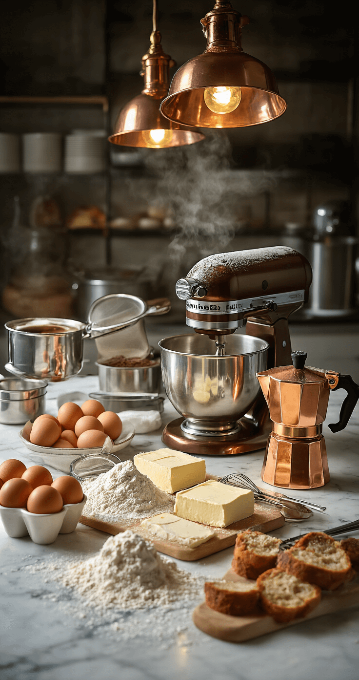 A professional kitchen with dramatic overhead lighting highlights a marble countertop adorned with fresh eggs, sifted flour, mascarpone blocks, and a steaming copper espresso pot, alongside a gleaming stand mixer and neatly arranged measuring tools, conveying an atmosphere of culinary precision and expertise.