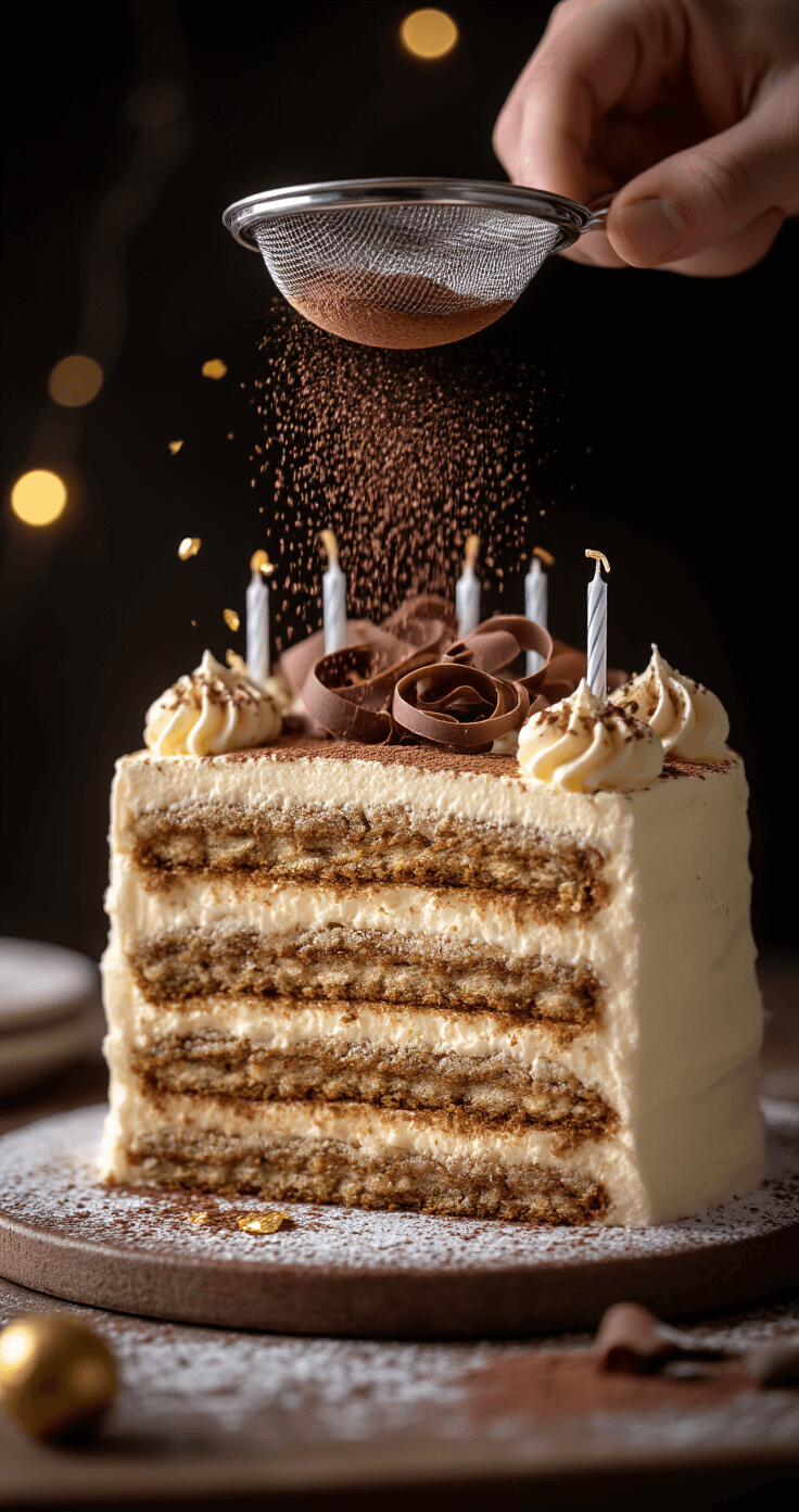 Close-up of a multi-layered tiramisu birthday cake being decorated, showcasing coffee-soaked layers and cream filling. A chef's hand dusts cocoa powder through a sieve, while chocolate curls and scattered edible gold leaves add elegance. Nearby, a selection of birthday candles is visible in soft, ambient lighting.