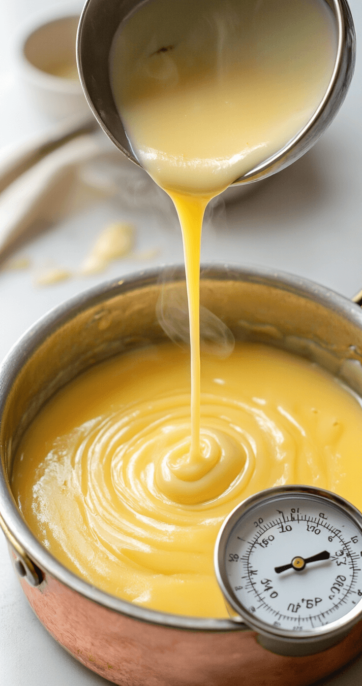 Close-up of a copper pot containing golden custard with steam rising, as vanilla-speckled cream is whisked into egg yolks. A professional thermometer reads 175°F, with natural kitchen lighting accentuating the silky texture.